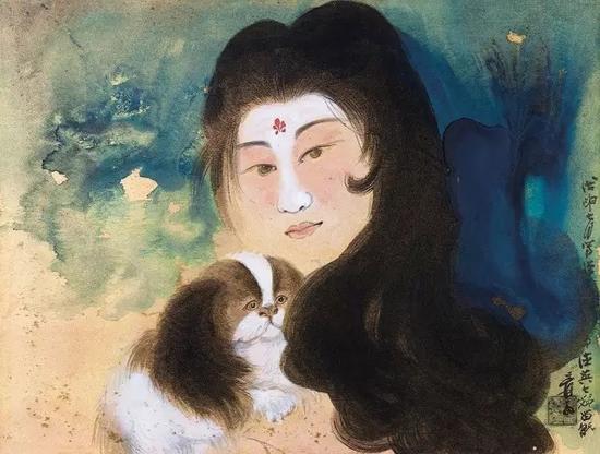 张大千 佳人番犬图设色金笺 镜片45×60cm (约2.4平尺)
