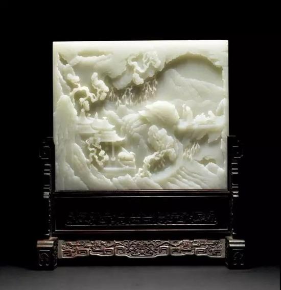 清乾隆 白玉山水人物插屏13.5*33*36.5cm(连座)